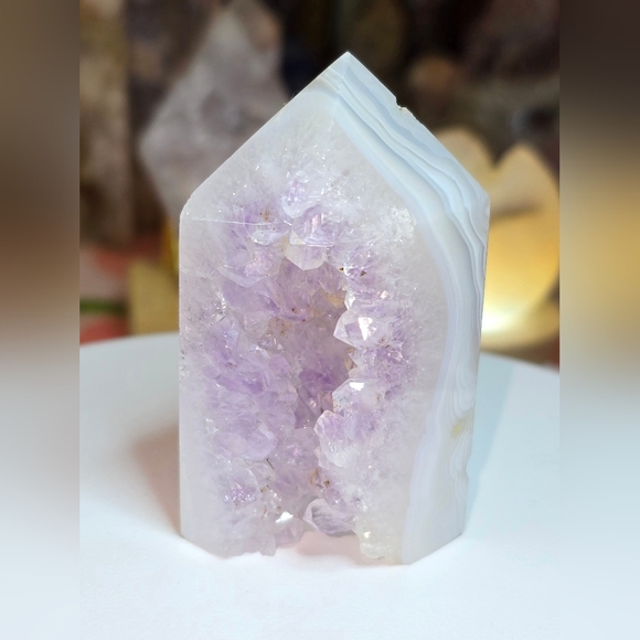 Hand Crafted Other - Amethyst Cluster With Golden Rutile White Agate Tower
